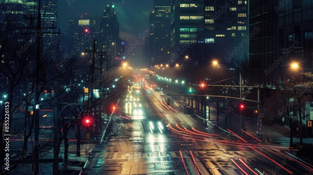 Obraz premium Cityscape at Night with Rain and Traffic