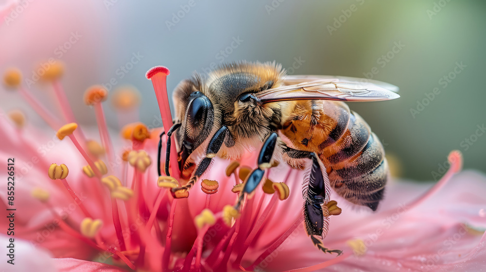 Fototapeta premium Close-Up of Bee Extracting Nectar from Dewy Flower Petals