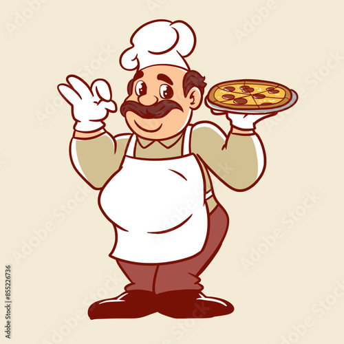 Pizza Chef Cartoon Mascot Holding a Pizza - Vector Illustration