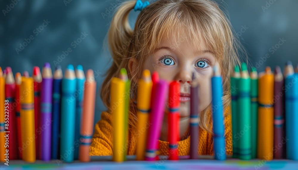 Cute girl with big eyes peeking over a colorful barrier of crayons Cute girl with big eyes peeking over a colorful barrier of crayons