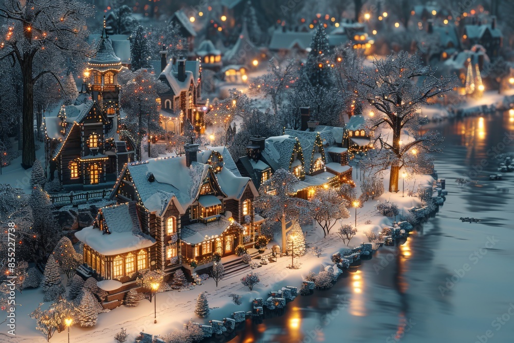 Enchanting Snow-Covered Village by a River at Dusk with Festive Holiday Lights and Cozy Houses in a Winter Wonderland Settingwinter Enchanting Snow-Covered Village by a River at Dusk with Festive Holiday Lights and Cozy Houses in a Winter Wonderland Settingwinter