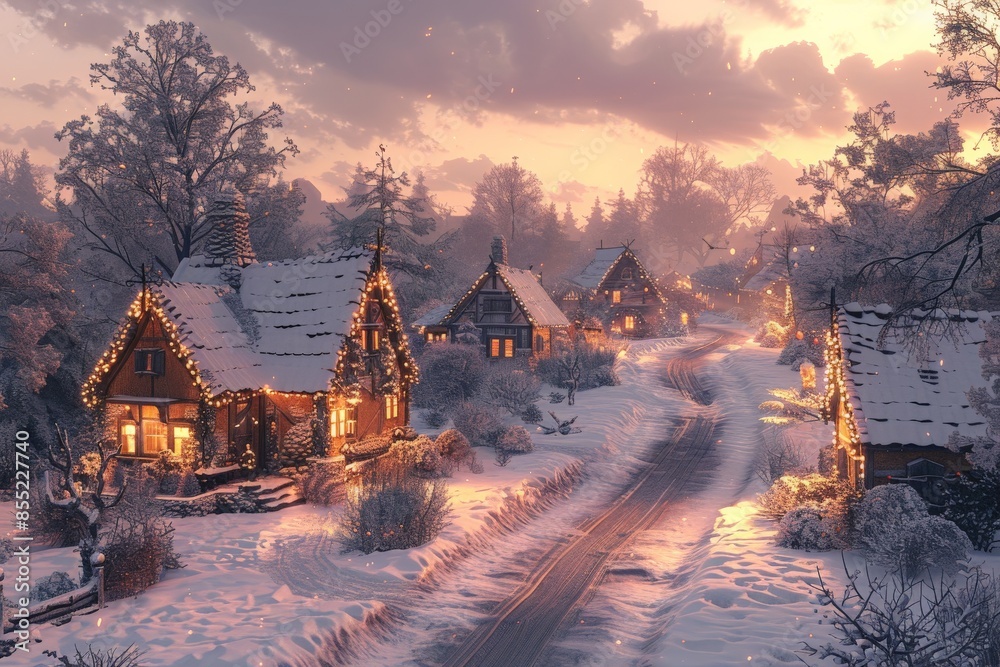 Fototapeta premium Cozy snow-covered village in wintertime dusk with illuminated cottages and festive holiday lights nestled alongside a winding country road surrounded by frosted trees and a serene atmosphereWinter