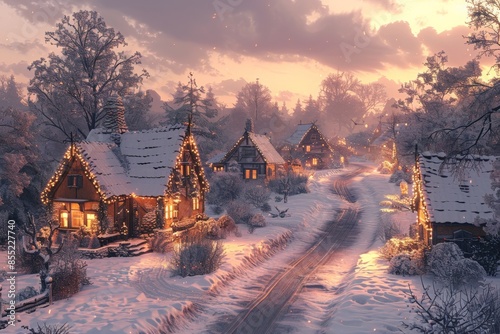 Cozy snow-covered village in wintertime dusk with illuminated cottages and festive holiday lights nestled alongside a winding country road surrounded by frosted trees and a serene atmosphereWinter
