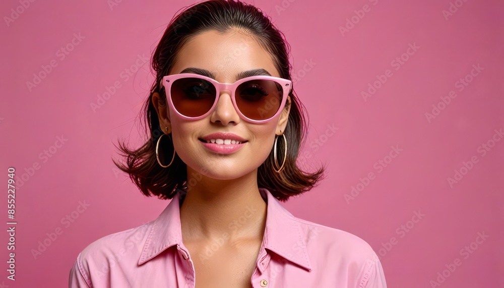 A young woman with dark hair is wearing pink sunglasses and a pink shirt. She is smiling at the camera. The background is a solid pink color A young woman with dark hair is wearing pink sunglasses and a pink shirt. She is smiling at the camera. The background is a solid pink color