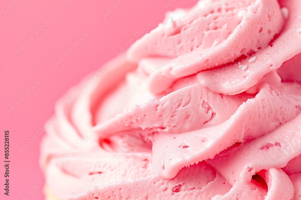 smooth pink frosting with a rich, creamy texture. The background is a solid pastel pink smooth pink frosting with a rich, creamy texture. The background is a solid pastel pink