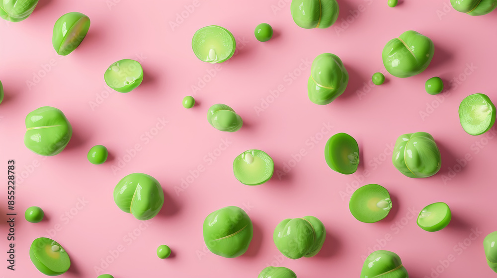 Floating Green Peas on Pastel Pink A Vibrant Vegetarian Visual