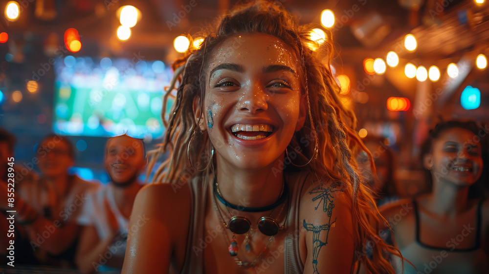 Obraz premium in a bar, a group of soccer womens, fans are sitting at a table in the background, on the TV screen,generative ai