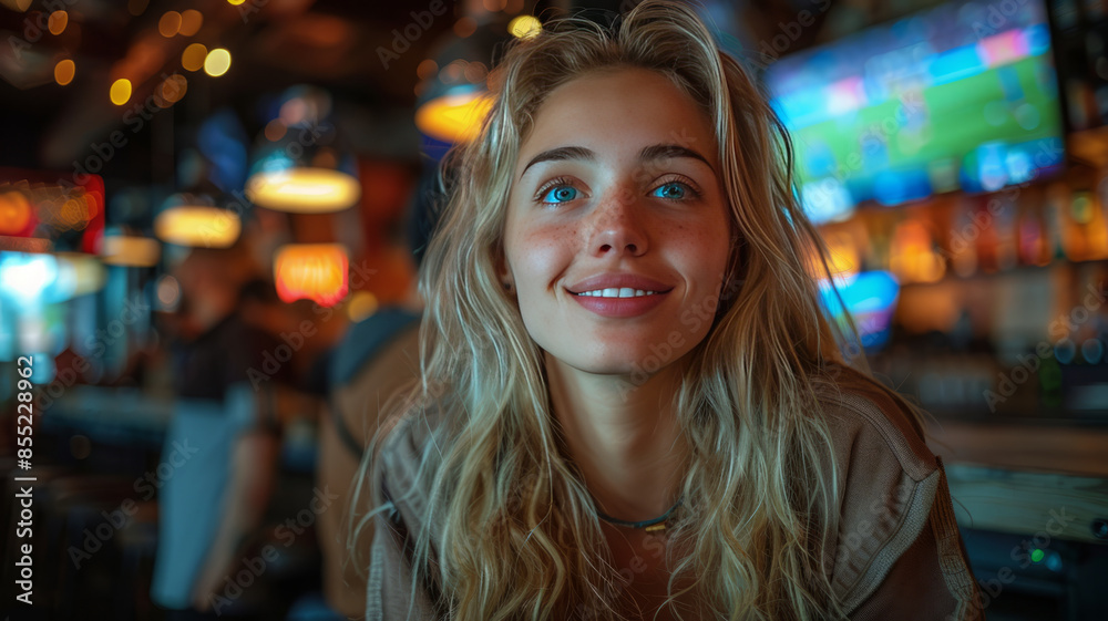in a bar, a group of soccer womens, fans are sitting at a table in the background, on the TV screen,generative ai in a bar, a group of soccer womens, fans are sitting at a table in the background, on the TV screen,generative ai