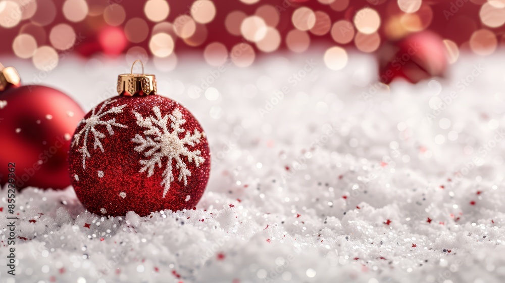 Elegant red Christmas scene with shimmering stars, beautiful snowflakes, and charming xmas decorations, spacious area for text, perfect for festive messages Elegant red Christmas scene with shimmering stars, beautiful snowflakes, and charming xmas decorations, spacious area for text, perfect for festive messages