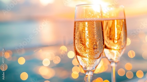 Elegant yacht party at sunset, friends clinking champagne glasses, golden light shimmering on the sea, luxurious ambiance, joyous celebration, laughter and cheers echoing photo