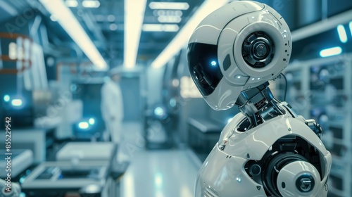 A white robot stands in a futuristic factory setting, its head turned slightly to the side, as if observing its surroundings.