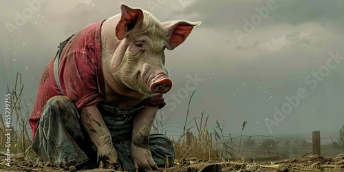 Cute Piglet Wearing Plaid Shirt Outdoors