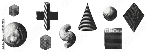 3D geometric figure set, y2k halftone print shapes, brutal retro futuristic design element. Minimal grunge objects collage, cross, circle, arrow, cone, cylinder. 3D figure creative icon kit 