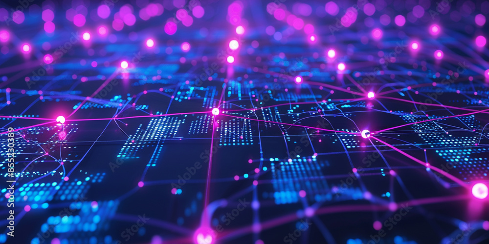 Fototapeta premium Digital background with glowing purple and blue data connections on dark grid, creating an illuminated futuristic network concep