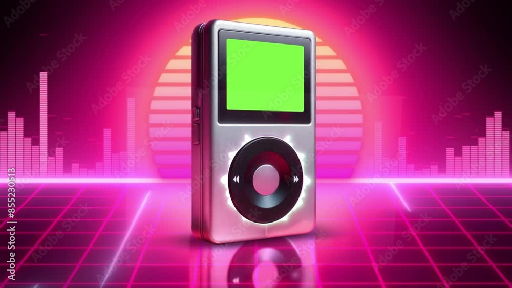 TV, vinyl, audio cassette, mp3 player, boombox stand on the pink 80s ...