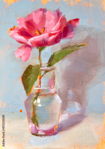 Still life with red flowers tulips, oil painting