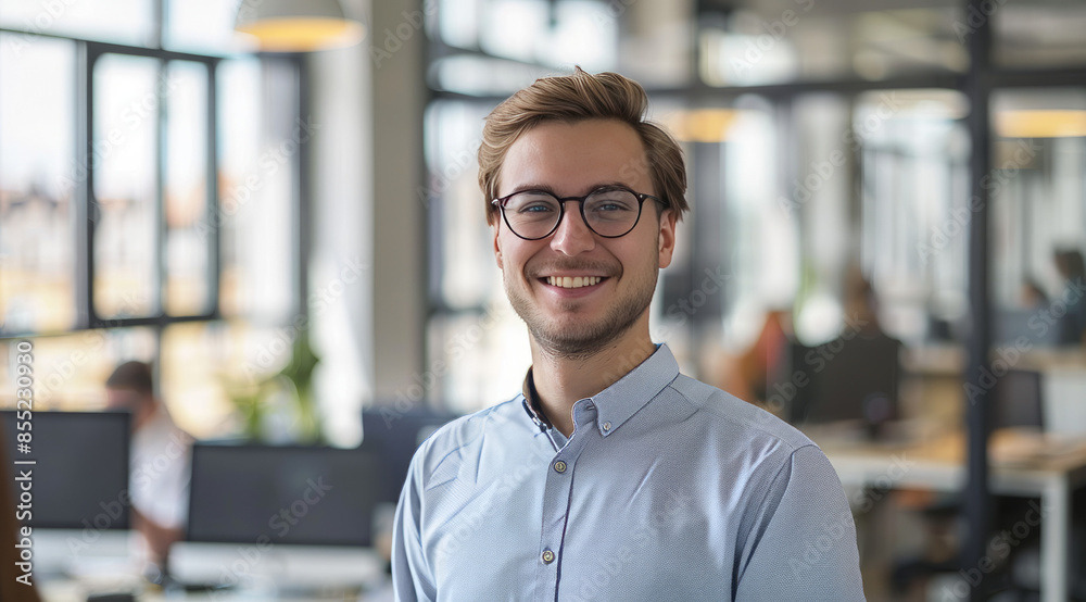 Happy Businessman in Office with Glasses Happy Businessman in Office with Glasses