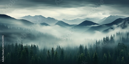 fir forest in vintage retro style with Misty landscape, Misty landscape with fir forest, minimalism style background