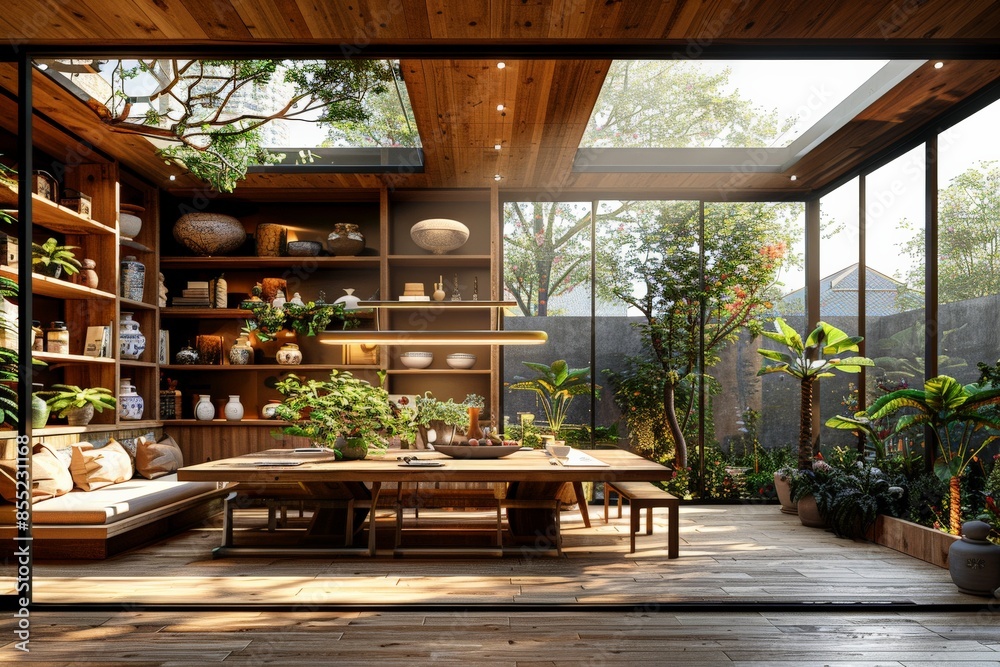Fototapeta premium Modern greenhouse-inspired dining area with expansive glass walls, wooden furniture, lush indoor plants, and natural light streaming through large skylights in an elegant home garden setting