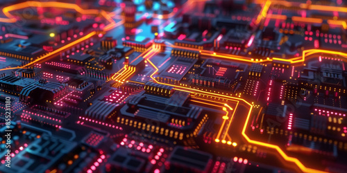 A futuristic circuit board with glowing neon wires