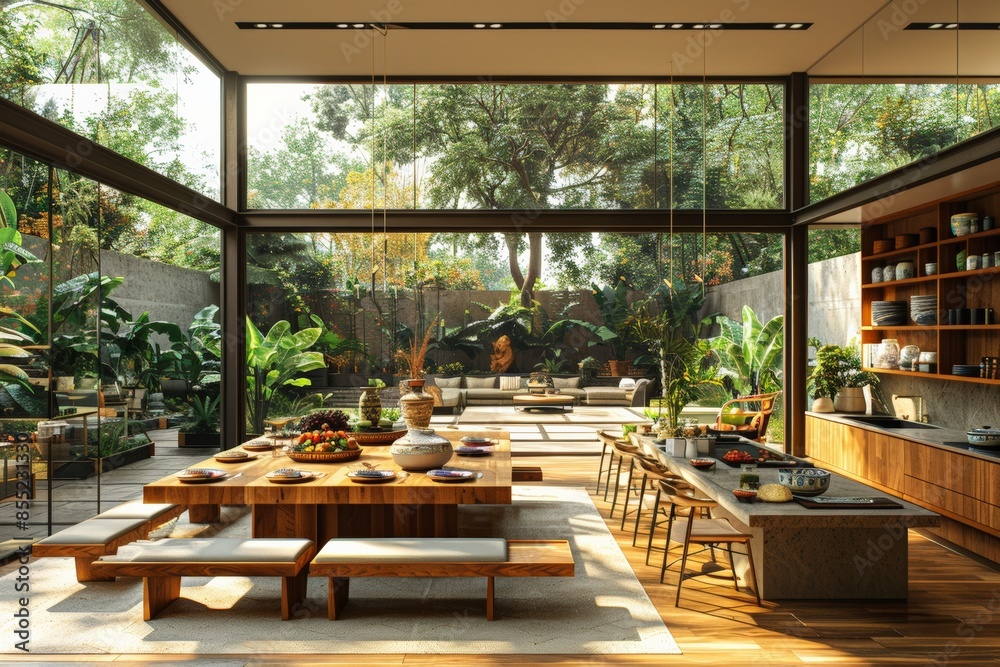 Fototapeta premium Beautifully designed open-plan modern kitchen with large glass windows overlooking lush garden, natural light, wooden furniture, and contemporary decorModern kitchen