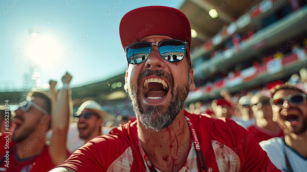 Obraz premium Men soccer fans in red and white crying on the stadium because their team lost. generative ai