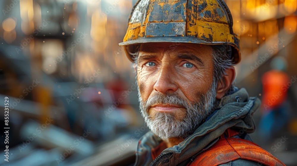 Portrait of a Mature Construction Worker with a Helmet at a Worksite, Reflecting Experience and Dedication in the Industrial Environment Portrait of a Mature Construction Worker with a Helmet at a Worksite, Reflecting Experience and Dedication in the Industrial Environment