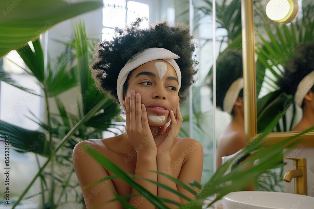Woman massaging her face near mirror in the bathroom, Achieve Radiant Skin, Woman Massaging Her Face Near Mirror in the Bathroom, Transform Your Skincare Routine, Facial Massage Tips for Glowing Skin Woman massaging her face near mirror in the bathroom, Achieve Radiant Skin, Woman Massaging Her Face Near Mirror in the Bathroom, Transform Your Skincare Routine, Facial Massage Tips for Glowing Skin