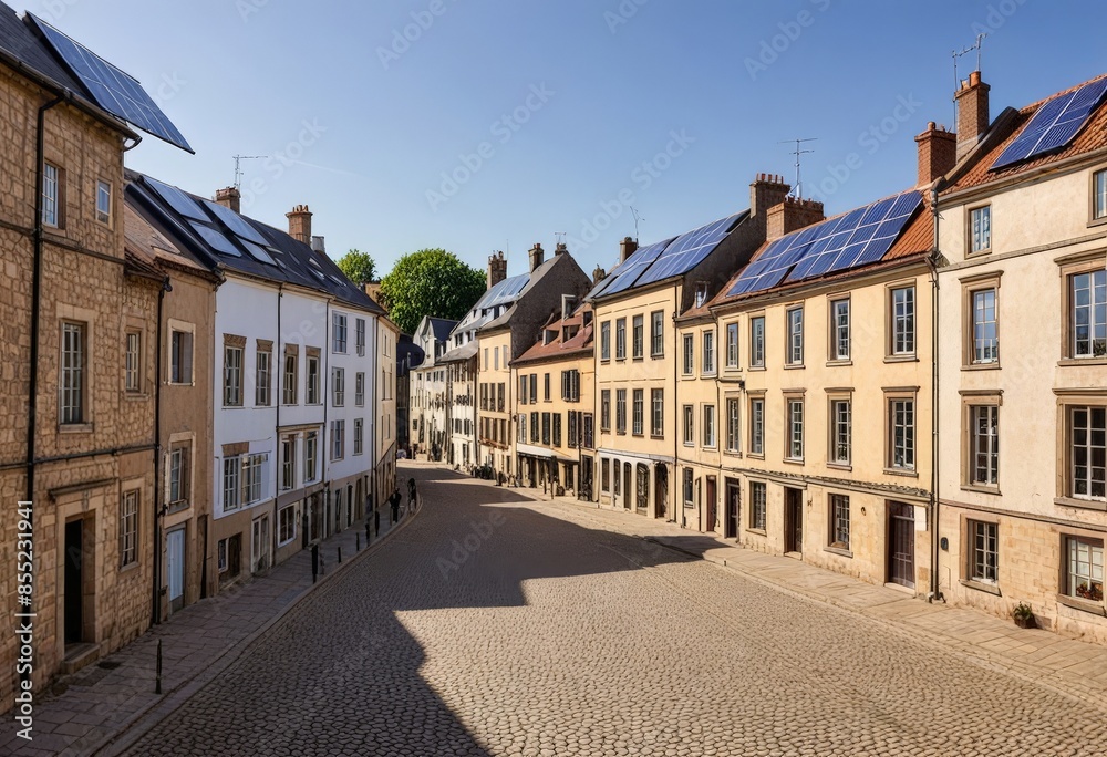 Obraz premium Sunny European street with historic buildings and solar panels