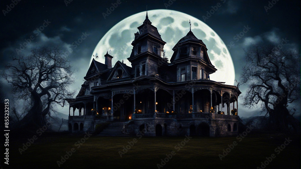 Obraz premium A spooky haunted house mansion Halloween background with a full moon generated by AI