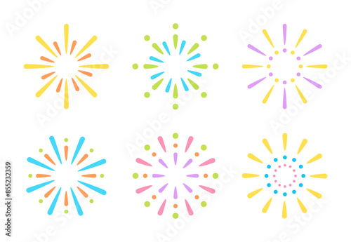 Set of simple, modern, geometric and abstract design illustrations of fireworks and firecrackers concept in circular radial shapes.
