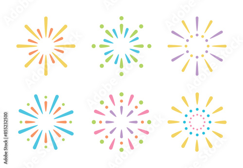 Set of simple, modern, geometric and abstract design illustrations of fireworks and firecrackers concept in circular radial shapes.