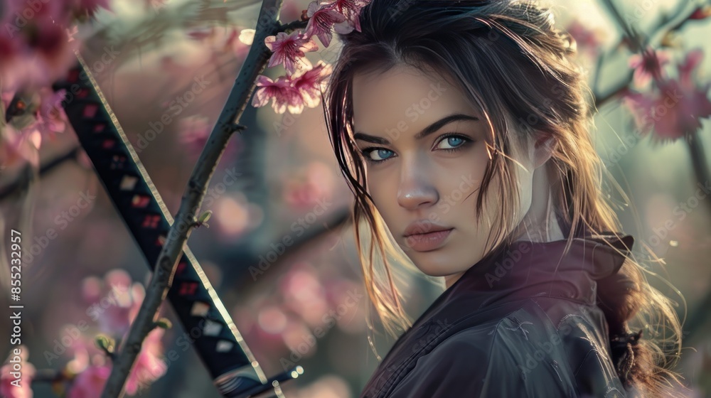 © abdul kahfi - Serenity of Sakura: Beautiful Woman Stunning with Katana Amidst Cherry Blossoms
