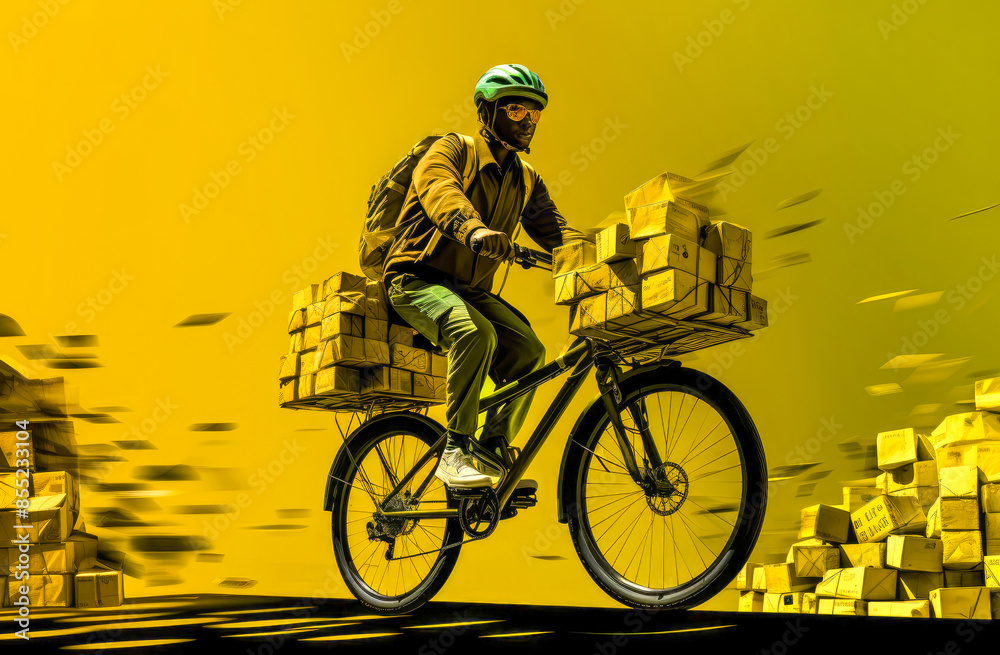 Obraz premium Man courier in helmet with delivery bags rides a heavily loaded bicycle on a yellow background. Concept of ecology friendly, fast moving urban delivery service