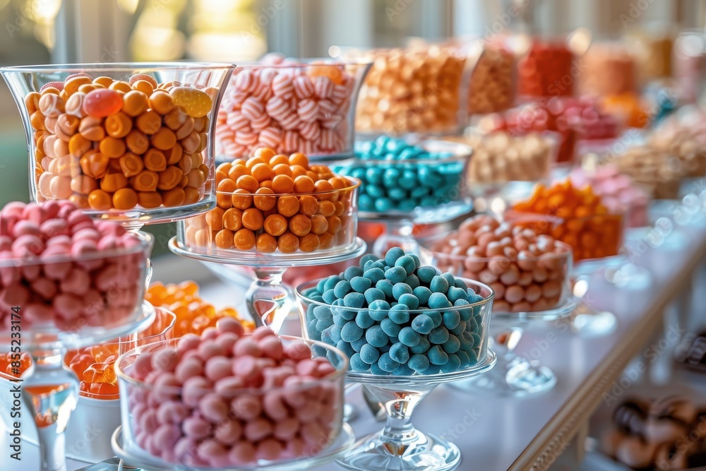 A candy buffet at a party, with different types of candies arranged in glass jars and bowls. A candy buffet at a party, with different types of candies arranged in glass jars and bowls.