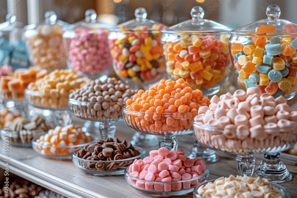 A candy buffet at a party, with different types of candies arranged in glass jars and bowls. 