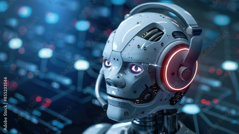 Close-up of a futuristic robotic head wearing headphones and looking off to the side with glowing eyes. Close-up of a futuristic robotic head wearing headphones and looking off to the side with glowing eyes.
