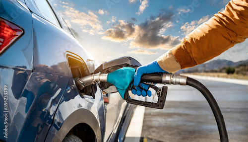 Hand of gas station attendant supplying fuel to a vehicle
