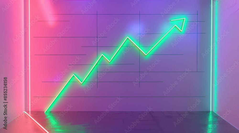 Neon glowing graph with an upward trend in pink and green lights. Suitable for financial, business, and technological themes. Neon glowing graph with an upward trend in pink and green lights. Suitable for financial, business, and technological themes.