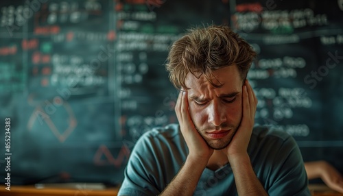 A man is visibly distressed with his academic work in a classroom setting