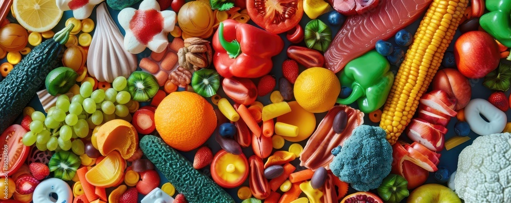 Colorful mix of fresh fruits and vegetables, healthy eating concept. Colorful mix of fresh fruits and vegetables, healthy eating concept.
