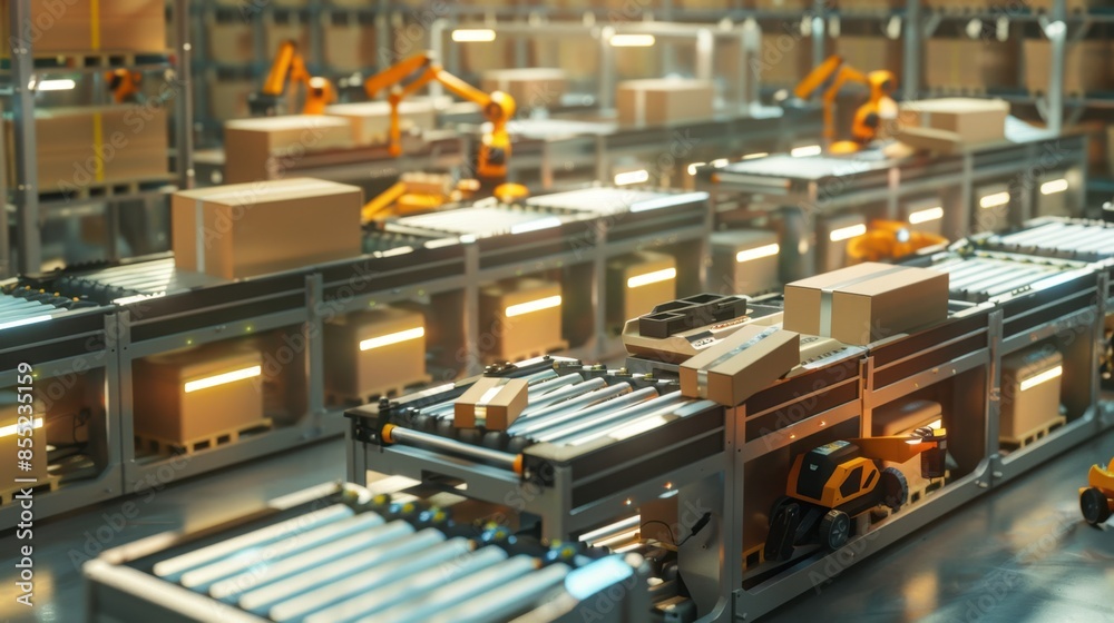 A modern warehouse with automated conveyor belts and robots sorting packages. A modern warehouse with automated conveyor belts and robots sorting packages.