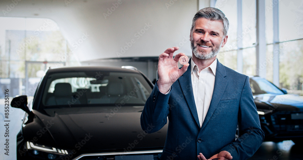 Smiling car dealer in formal suit holding bitcoin. Male dealer standing at auto salon, smiling and looking at camera. Selling and business concept.