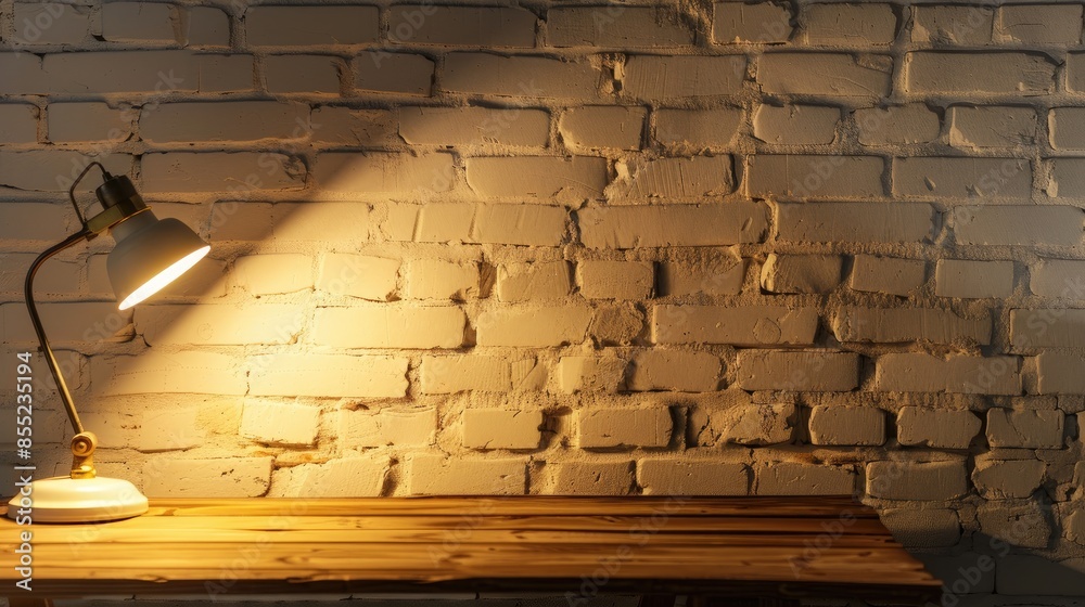 Obraz premium Luminous lamp on wooden surface next to white brick wall in dim space
