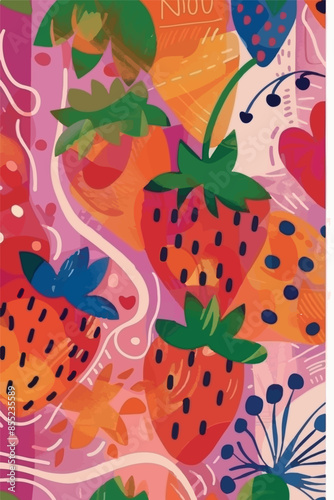 Vibrant abstract illustrations featuring bold, colorful botanical elements and strawberries. Perfect for modern designs, backgrounds, and decor. These playful, organic shapes bring a touch of nature t