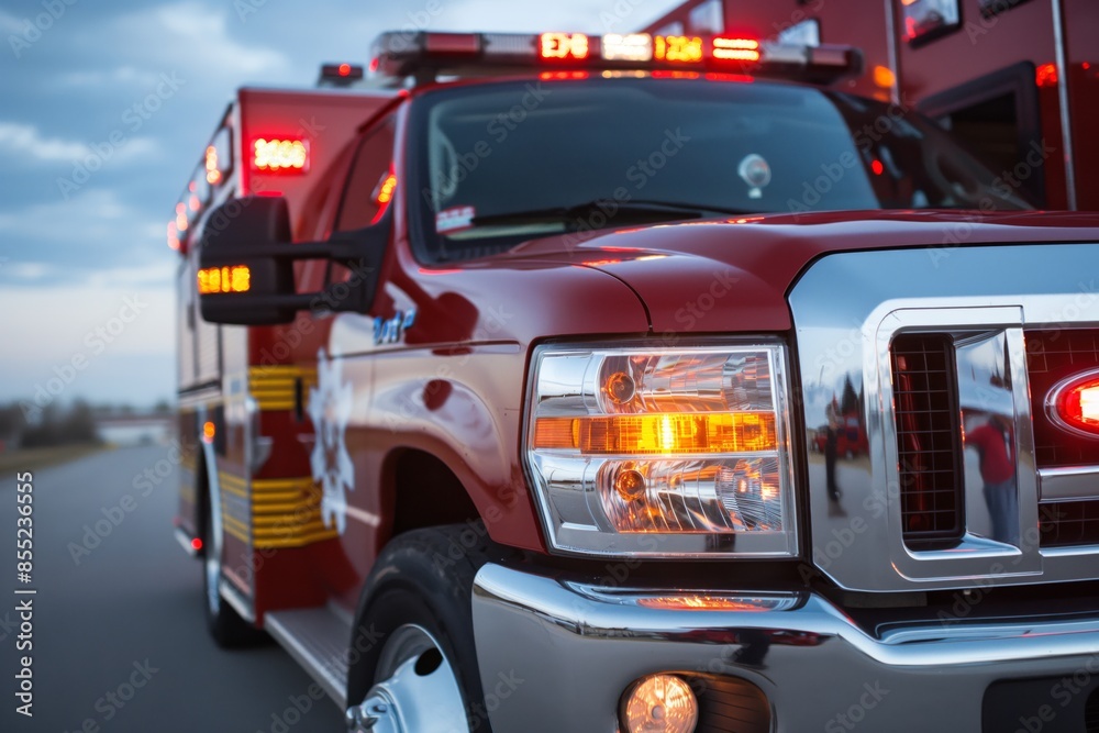Close-up of a red emergency vehicle with flashing lights, reflecting on a road under a cloudy sky. Close-up of a red emergency vehicle with flashing lights, reflecting on a road under a cloudy sky.