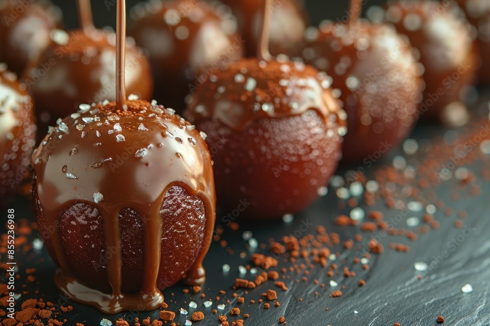 Obraz premium A close-up of a caramel apple, with rich caramel coating and a sprinkle of sea salt. 