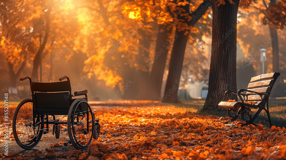 A wheelchair is prominently positioned in the foreground, facing away from the viewer, with its backrest resting against a grassy patch.
