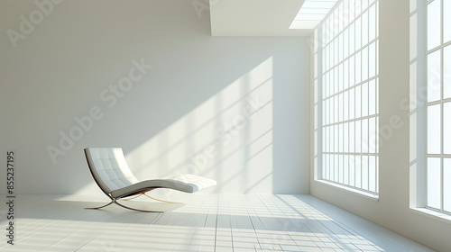 
A minimalist, brightly lit room with large windows on the right side. Sunlight streams in through the windows, casting shadows on the white wooden floor.