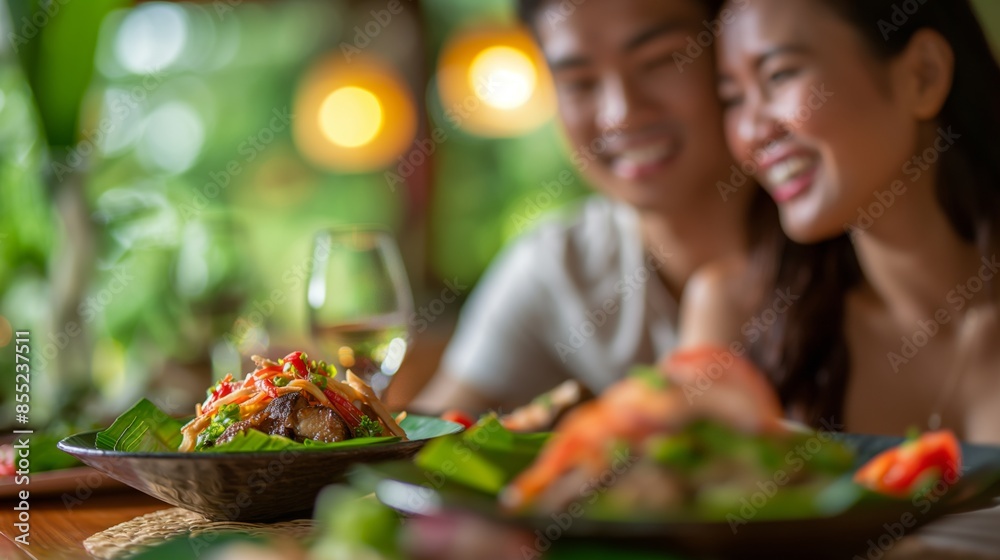 A smiling couple enjoys a meal at a restaurant, with focus on a colorful dish in the foreground. A smiling couple enjoys a meal at a restaurant, with focus on a colorful dish in the foreground.